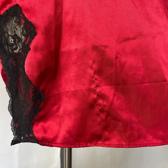 Lingerie Nightgown Size Small Red Satin Black Lace Long Sleeve Sleep Silky Sexy - Picture 9 of 15
